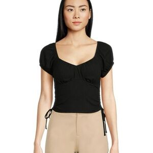 No Boundaries Juniors Black Peasant Top with Ruched Sides - Size: Medium